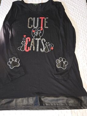 Tricotto Black Rhinestone & Sequin Cute Cats Graphic Long Sleeve Top Size M